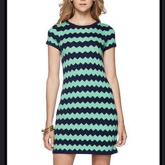 Lilly Pulitzer Chevron Merino Wool Shift Sweater Dress Navy Green Small - Picture 1 of 10